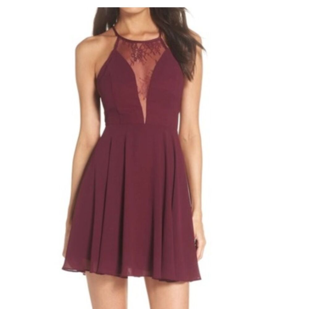Lulus Burgundy Red Lace Backless Skater Fit & Flare Mini Dress XS